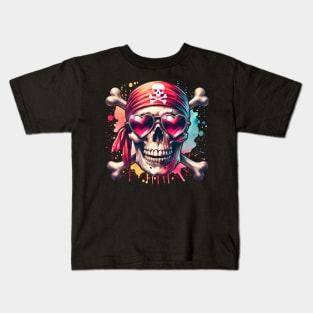 Pirate Love Funny Matching Valentine Day Couple Pirate Skull Watercolor Kids T-Shirt